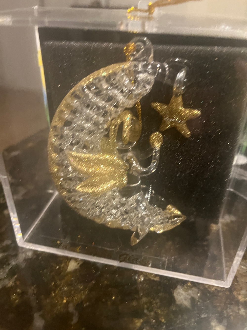 Unique Treasures Glass Crescent Moon Angel Star Christmas Ornament Gold